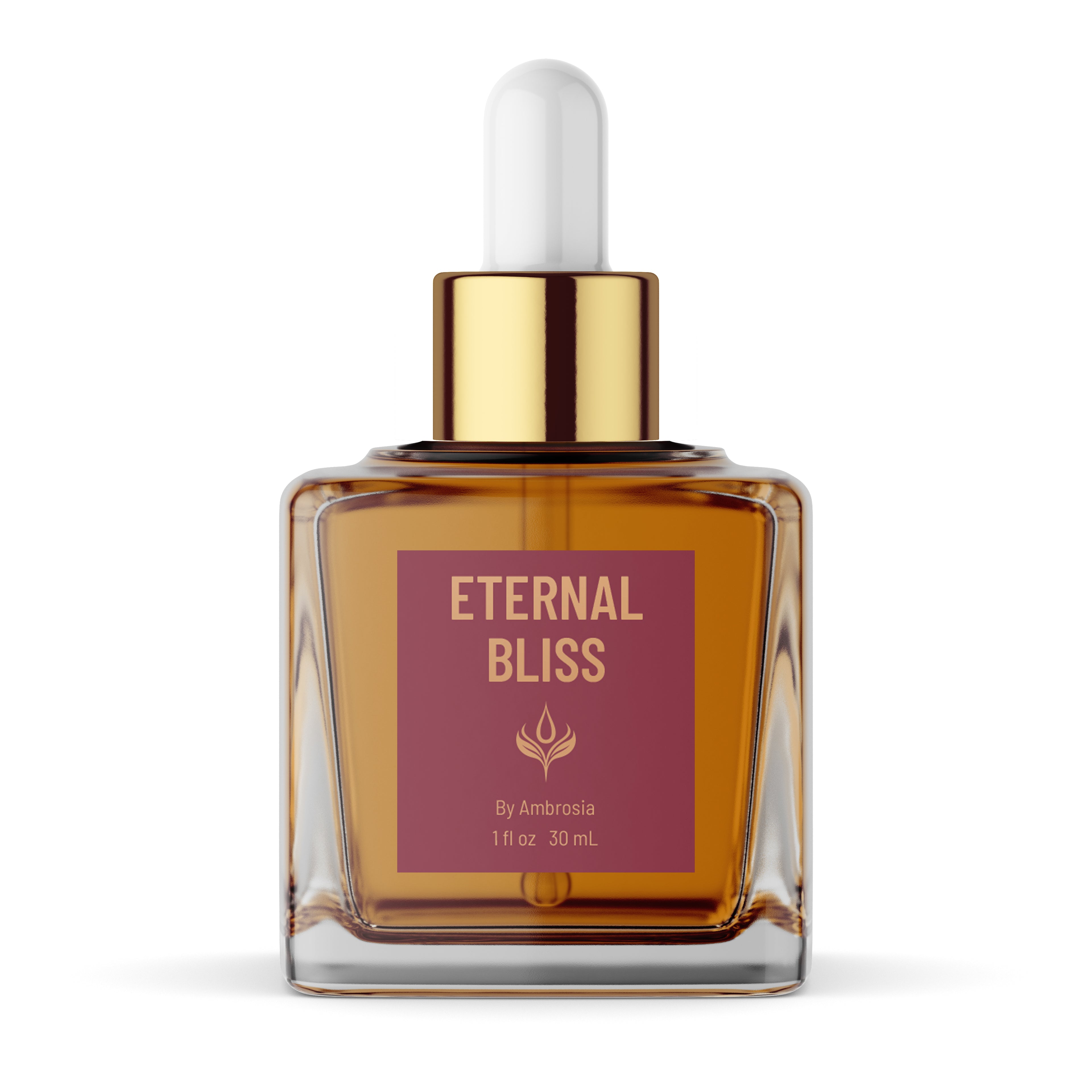 Eternal Bliss 30 ml beauty oil in a square glass bottle with golden liquid, a gold dropper and burgundy label, shown on a white background.