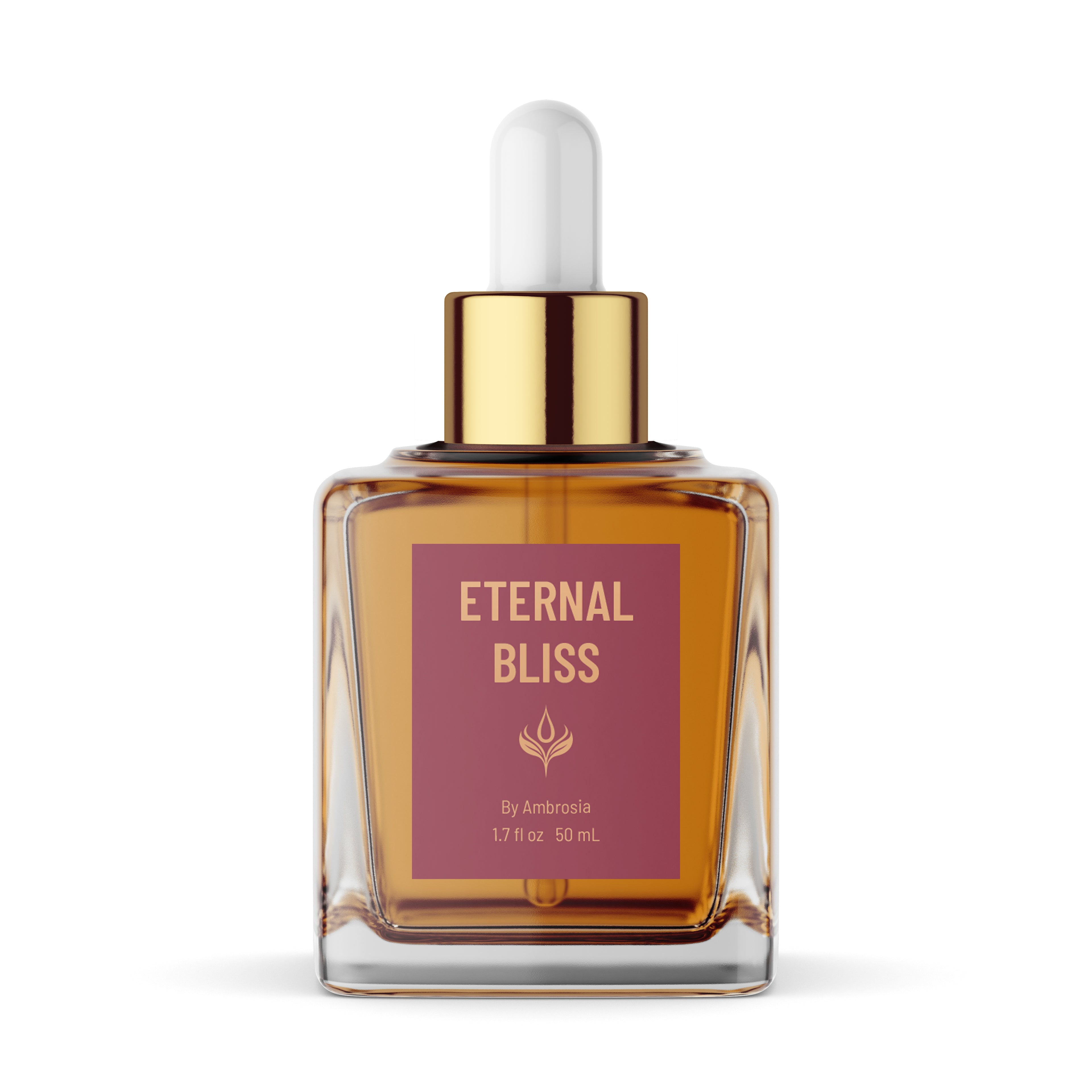 Eternal Bliss 50 ml beauty oil in a rectangular glass bottle with golden liquid, a gold dropper and burgundy label, shown on a white background.