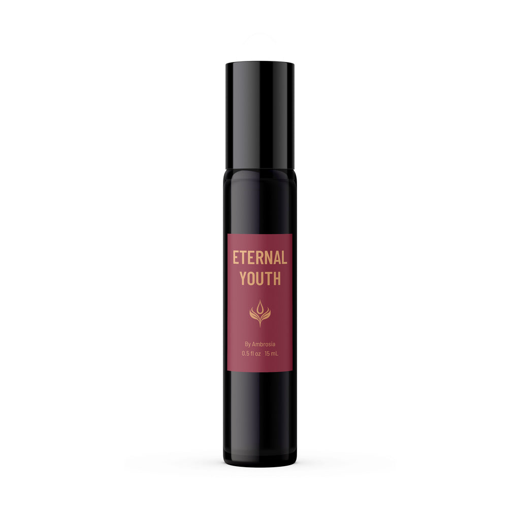 Eternal Youth 15 ml beauty oil in a tall black glass bottle and burgundy label, shown on a white background.