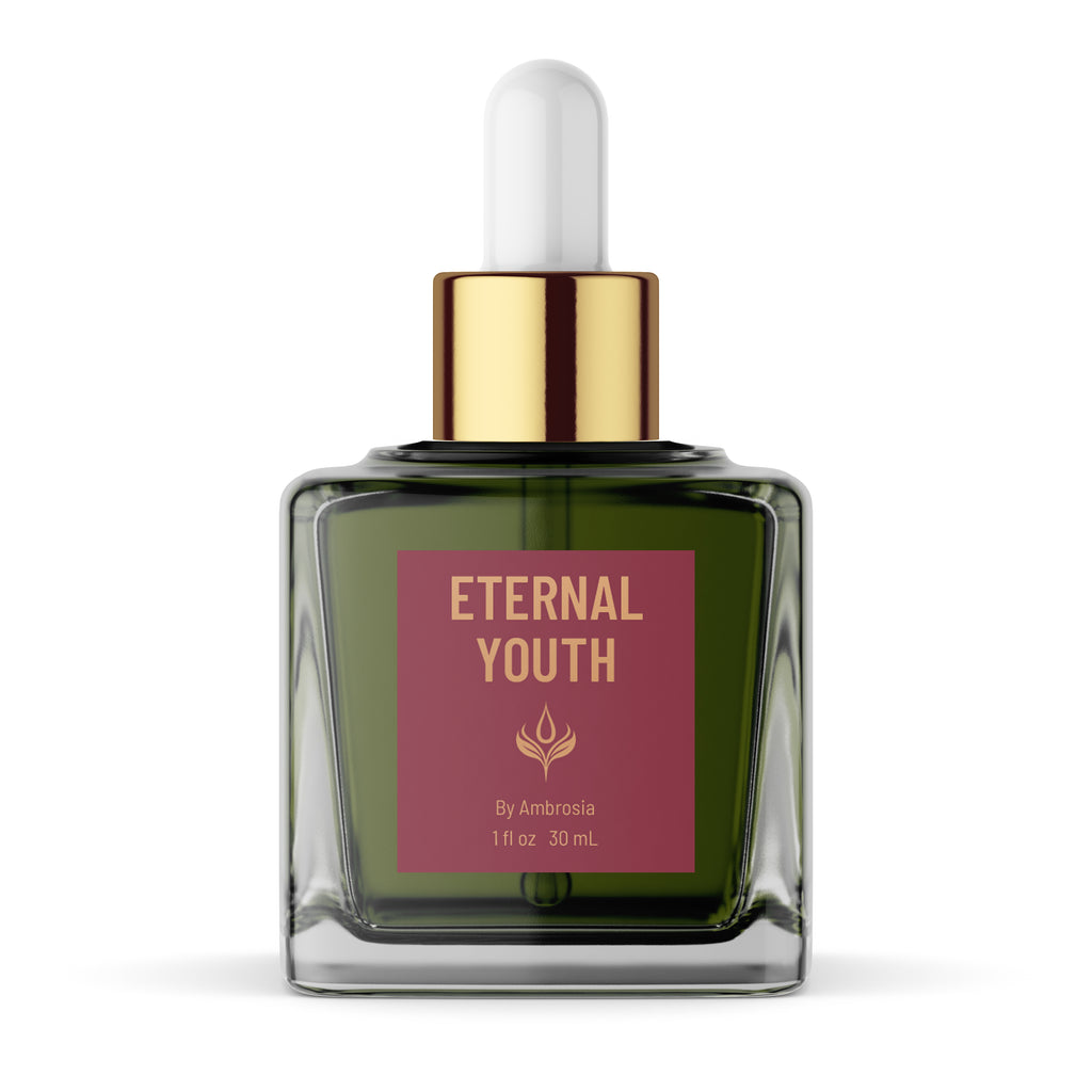 Eternal Youth 30 ml beauty oil in a square glass bottle with deep green liquid, a gold dropper and burgundy label, shown on a white background.