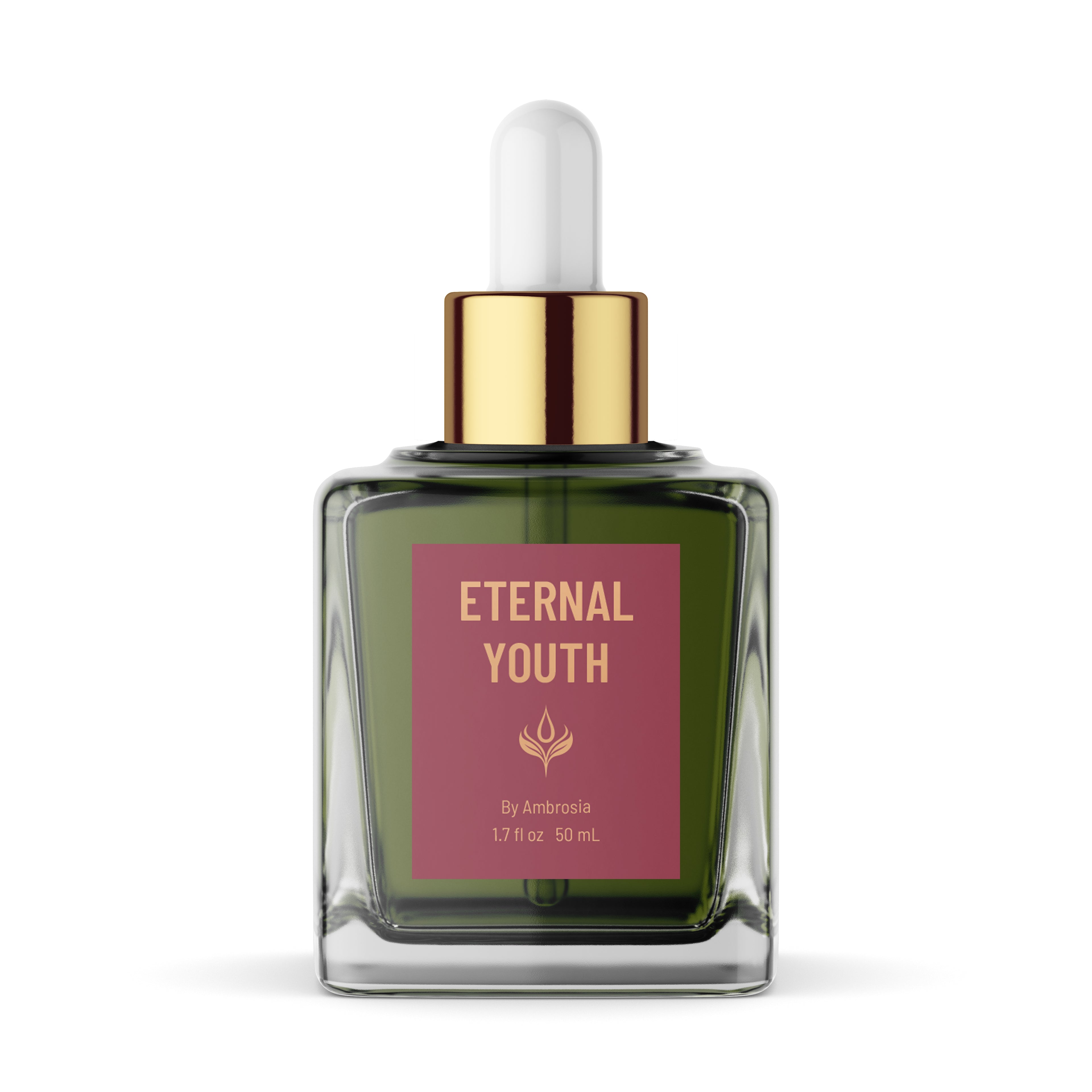 Eternal Youth 50 ml beauty oil in a rectangular glass bottle with deep green liquid, a gold dropper and burgundy label, shown on a white background.